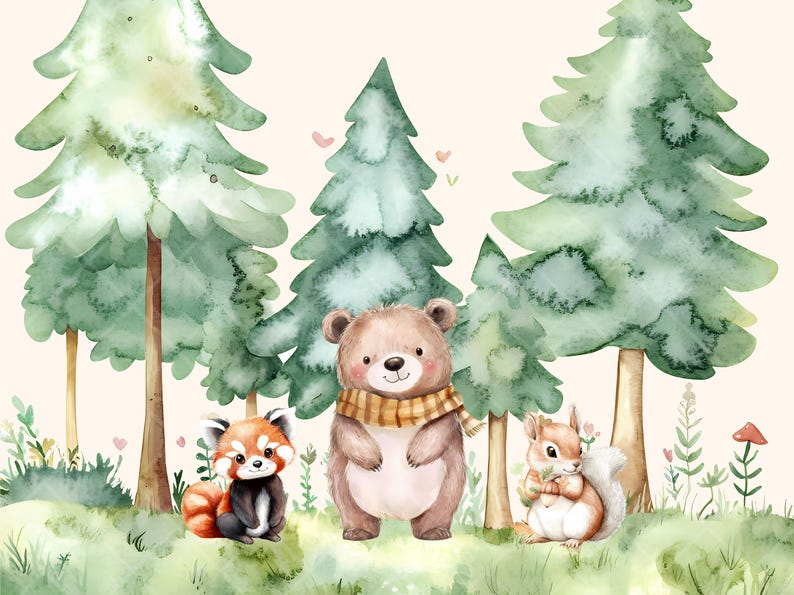 Puede incluir: Ilustraci&oacute;n de acuarela de un oso marr&oacute;n con una bufanda, un panda rojo y una ardilla en un entorno de bosque. Los animales est&aacute;n rodeados de &aacute;rboles verdes y flores.