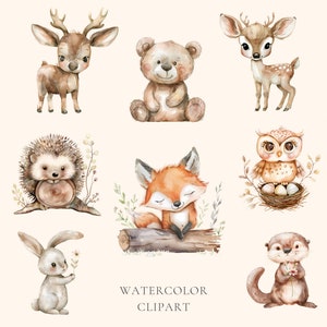 Op de afbeelding: Waterverf clipart met een verzameling schattige bosdieren, waaronder een hert, een beer, een egel, een vos, een uil, een konijn en een otter. De dieren zijn geschilderd in een speelse stijl met zachte bruine, grijze en witte tinten.