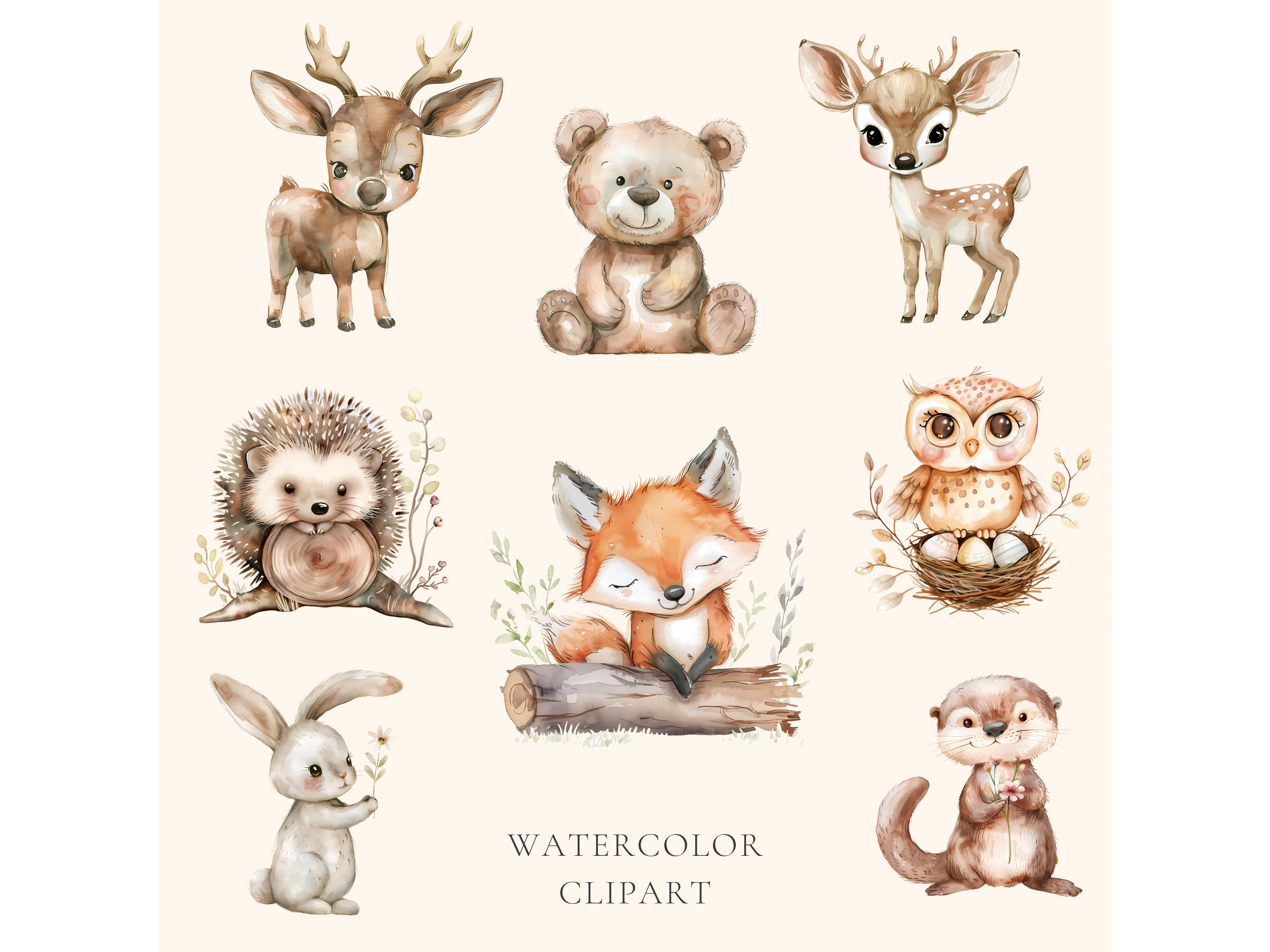 Woodland Animals Watercolor Clipart Baby Shower Clipart Cute Forest ...