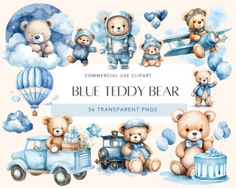 Watercolor Teddy Bear Clipart Bundle Baby Shower For a Boy Baby Blue Decor Nursery Clipart Blue Teddy Bear Set Transparent Background