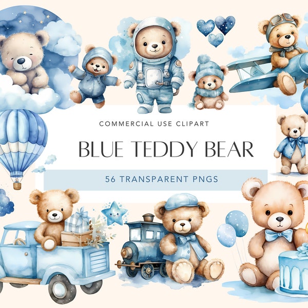 Watercolor Teddy Bear Clipart Bundle Baby Shower For a Boy Baby Blue Decor Nursery Clipart Blue Teddy Bear Set Transparent Background