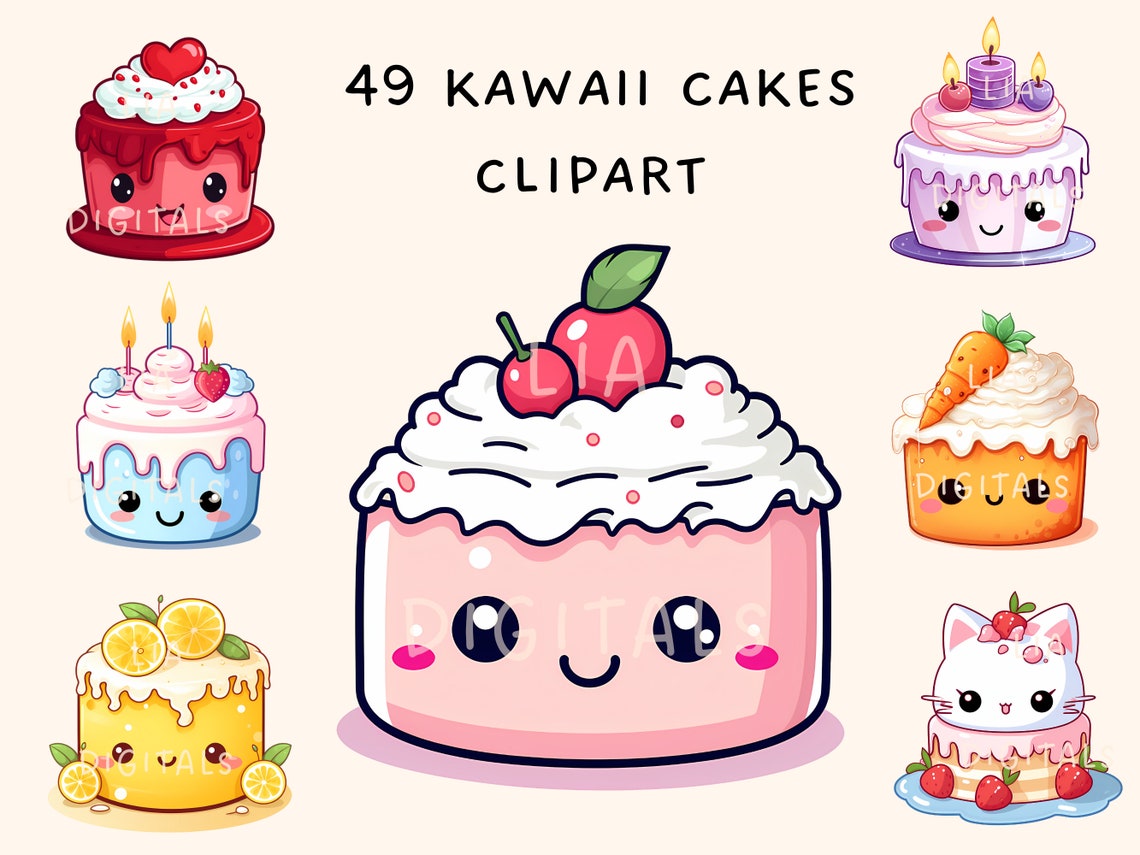 Kawaii Cakes Clipart Cute Birthday Cake Stickers Strawberry Rainbow Lemon Red Velvet Cinnamon