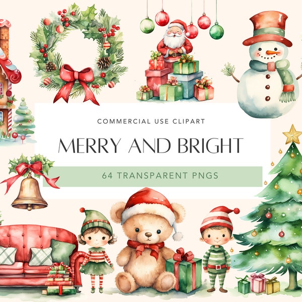 Watercolor Christmas Clipart Set Classic Christmas Clipart Bundle Red and Green Christmas Clipart Cozy Christmas PNG Christmas Ornaments