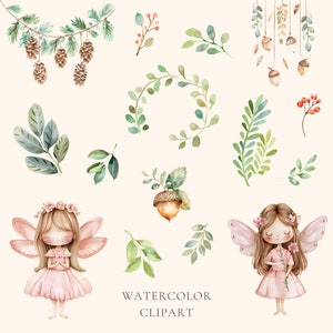 Op de afbeelding: Waterverf clipart met twee fee&euml;n met roze jurken en vleugels, omringd door groen, eikels, dennenappels en bloemmotieven. De tekst "WATERCOLOR CLIPART" staat onderaan de afbeelding.