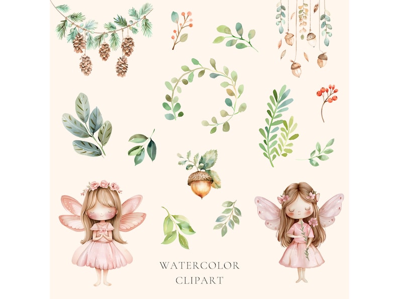 Op de afbeelding: Waterverf clipart met twee fee&euml;n met roze jurken en vleugels, omringd door groen, eikels, dennenappels en bloemmotieven. De tekst "WATERCOLOR CLIPART" staat onderaan de afbeelding.