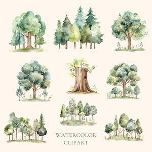 Op de afbeelding: Waterverf clipart met negen verschillende illustraties van bomen en bossen. De bomen zijn geschilderd in tinten groen en bruin, sommige met een lichte besprenkeling van wit. De illustraties zijn perfect om een vleugje natuur aan uw ontwerpen toe te voegen.