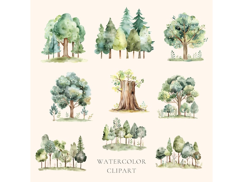 Op de afbeelding: Waterverf clipart met negen verschillende illustraties van bomen en bossen. De bomen zijn geschilderd in tinten groen en bruin, sommige met een lichte besprenkeling van wit. De illustraties zijn perfect om een vleugje natuur aan uw ontwerpen toe te voegen.