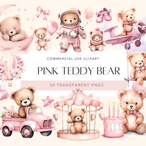 Clipart di orsacchiotto acquerello per bambina, decorazione rosa per la cameretta dei bambini, clipart di orsacchiotto rosa per baby shower, decorazione rosa per la cameretta dei bambini per l'arte murale