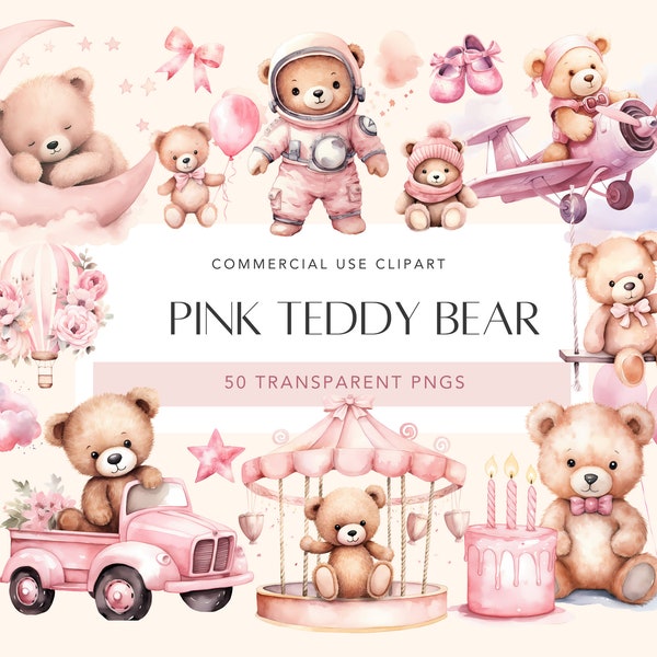 Aquarel teddybeer clipart voor meisje baby roze decor kwekerij clipart roze teddybeer baby shower roze kwekerij decor voor kunst aan de muur