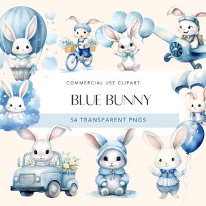 Aquarel konijntje clipartbundel blauwe babyshower voor een jongen baby blauw decor kinderkamer clipart blauw konijntje set transparante achtergrond kaarten maken