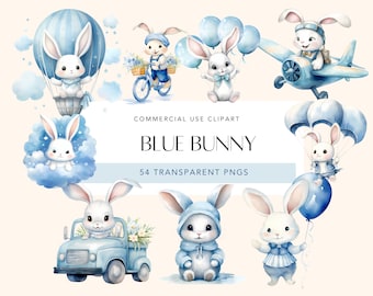 Watercolor Bunny Clipart Bundle Blue Baby Shower For a Boy Baby Blue Decor Nursery Clipart Blue Bunny Set Transparent Background Cardmaking