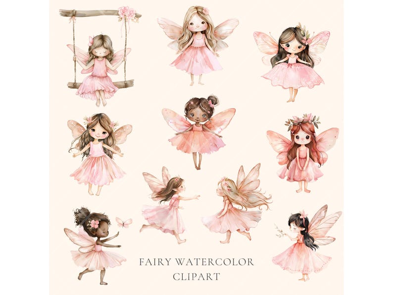Puede incluir: Un conjunto de nueve ilustraciones de acuarela de hadas con alas y vestidos rosas. Las hadas tienen diferentes peinados y expresiones. Las ilustraciones son perfectas para agregar un toque de fantas&iacute;a a cualquier proyecto.