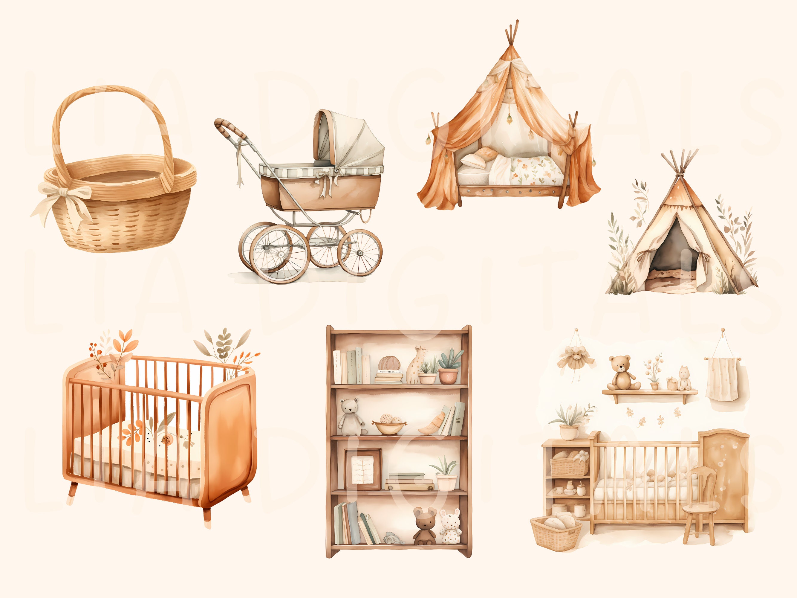 Watercolor Boho Nursery Baby Clipart Bundle Cute Nursery Newborn Baby ...