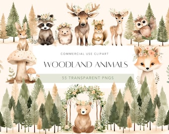 Bos dieren clipart Boho bos bos dieren clipart schattig aquarel Fox Bear herten uil konijn wasbeer eekhoorn voor baby kinderkamer kunst