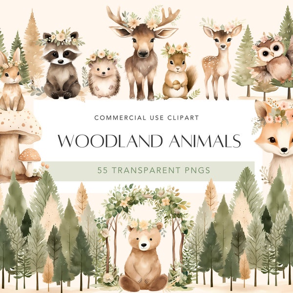 Woodland Animals Clipart Boho Woodland Forest Animals Clipart Cute Watercolor Fox Bear Deer Owl Bunny Raccoon Squirrel For Baby Nursery Art