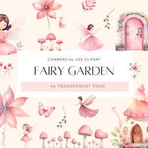 Clipart jardin féerique aquarelle mignon jardin féerique Clipart forêt enchantée fée rose Bundle fées magiques PNG ensemble usage commercial