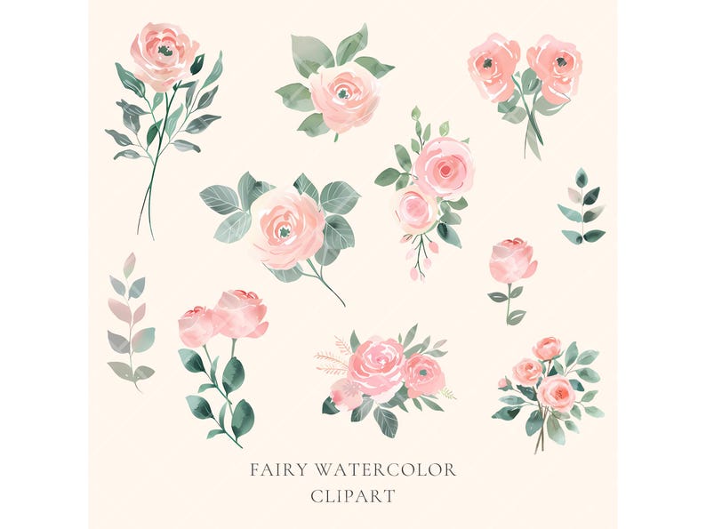 Puede incluir: Un conjunto de diez ilustraciones de acuarela de rosas rosadas y hojas verdes. Las ilustraciones son perfectas para agregar un toque de elegancia a cualquier proyecto.