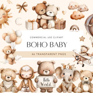 Boho Baby Shower Clipart Boho Nursery PNG Neutral Teddy Bear PNG No Gender Baby Clipart Watercolor Teddy Clipart Neutral Baby Shower Newborn