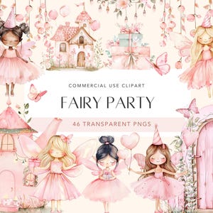 Clipart per feste di fate ad acquerello Clipart per feste di compleanno di fate carine Foresta incantata Pacchetto di fate rosa Set di fate magiche PNG Uso commerciale
