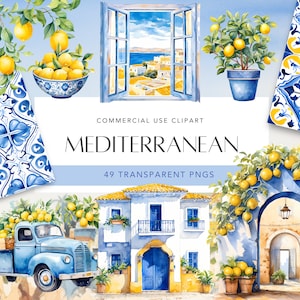 Clipart acquerello mediterraneo Piastrelle blu e bianche e acquerello limone Limoni Clipart Azulejo Tiles Azulejo Digital Paper Uso commerciale
