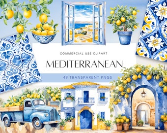 Mediterranean Watercolor Clipart Blue and White Tiles and Lemon Watercolor Lemons Clipart Azulejo Tiles Azulejo Digital Paper Commercial Use