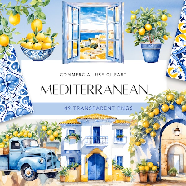 Mediterranean Watercolor Clipart Blue and White Tiles and Lemon Watercolor Lemons Clipart Azulejo Tiles Azulejo Digital Paper Commercial Use