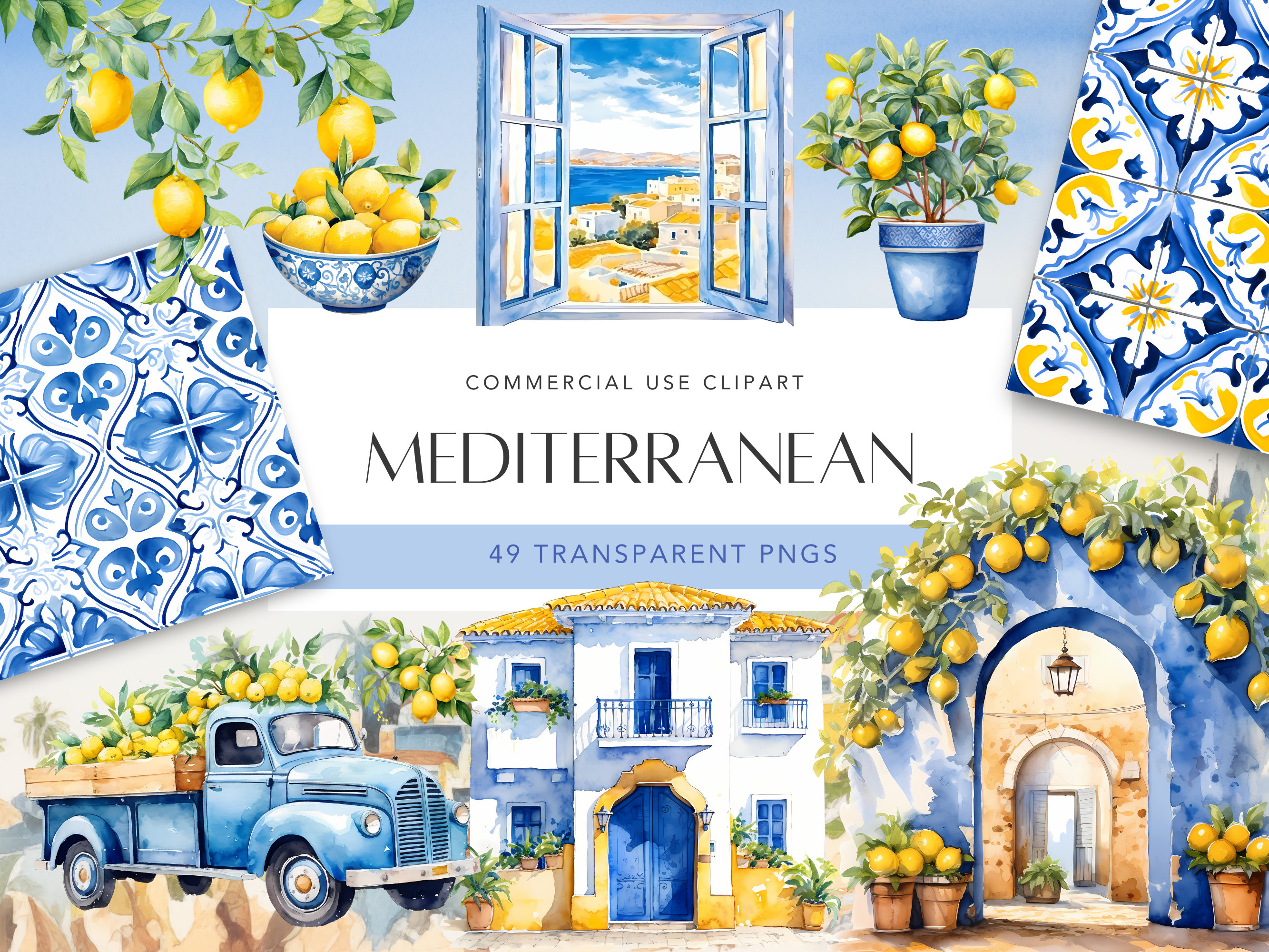 Mediterranean Watercolor Clipart Blue and White Tiles and Lemon Watercolor Lemons Clipart Azulejo Tiles Azulejo Digital Paper Commercial Use