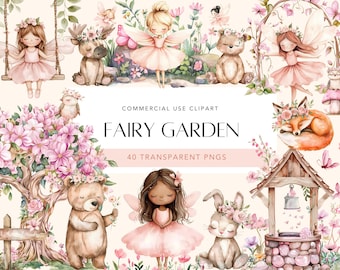 Aquarell Feengarten Clipart Süßer Feengarten Clipart Verzauberter Wald Rosa Fee Bündel Magische Feen Party PNG Set Kommerzielle Nutzung