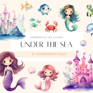 Sirena Clipart bajo el arte marino lindos animales marinos acuarela clipart animales marinos PNG Sea Life Scrapbook Junk Journal Uso comercial digital