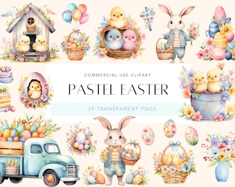 Clipart de Páscoa em Pastel Clipart de Páscoa em Aquarela Ovo Coelho da Páscoa Clipart de Primavera Cesta de Páscoa Feliz Páscoa PNG Pintinho da Páscoa Animais da Páscoa