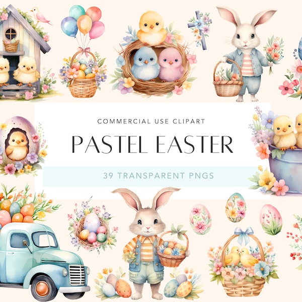 Pastel Easter Clipart Watercolor Easter Clipart Egg Easter Bunny Spring Clipart Easter Basket Happy Easter PNG Easter Chick Easter Animals
