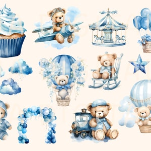 Watercolor Teddy Bear Clipart Bundle Baby Shower for a Boy Baby Blue ...