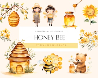 Honey Bee Clipart Watercolor Bee Honey Clipart Cute Honey Bees Honeycomb Yellow Flowers PNG For Scrapbook Commercial Use Digital Download