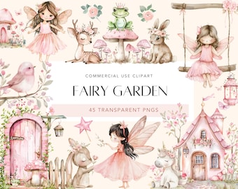 Watercolor Fairy Garden Clipart Cute Fairy Garden Clipart Enchanted Forest Pink Fairy Bundle Magic Fairies PNG Set Commercial Use