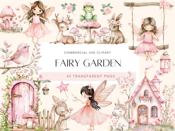 Watercolor Fairy Garden Clipart Cute Fairy Garden Clipart Enchanted Forest Pink Fairy Bundle Magic Fairies PNG Set Commercial Use