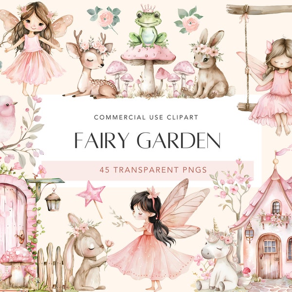Watercolor Fairy Garden Clipart Cute Fairy Garden Clipart Enchanted Forest Pink Fairy Bundle Magic Fairies PNG Set Commercial Use