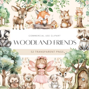 Clipart acquerello di animali del bosco Clipart baby shower Clipart di simpatici animali della foresta Clipart di decorazioni per la cameretta del bambino del bosco Arte murale Clipart per bambini Boho