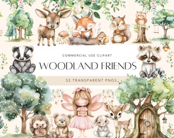 Woodland Animals Watercolor Clipart Baby Shower Clipart Cute Forest Animals Clip Art Woodland Nursery Decor Wall Art Boho Baby Clipart