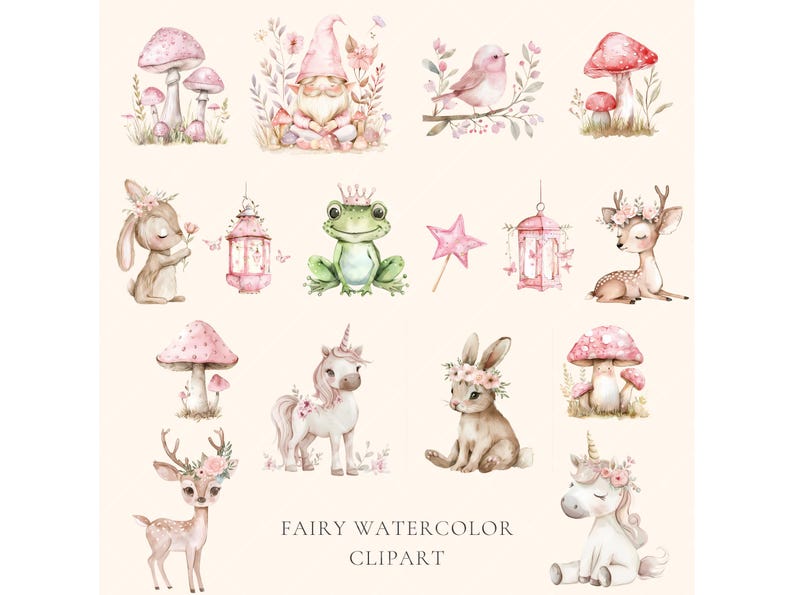 Puede incluir: Conjunto de clipart de acuarela con una variedad de ilustraciones caprichosas de tem&aacute;tica de hadas, que incluyen un gnomo, una rana, un ciervo, un conejo, un unicornio y hongos. Las ilustraciones est&aacute;n pintadas en tonos suaves de rosa, verde y marr&oacute;n.