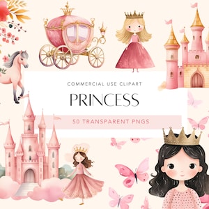 Princesa rosa Clipart acuarela linda princesa y caballero carruaje castillo princesa vivero decoración princesa invitación tema uso comercial