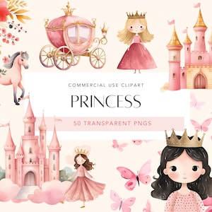 Pink Princess Clipart Watercolor Cute Princess and Knight Carriage Castle Princess Nursery Decor Princess Invitation Theme Commercial Use