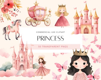Princesa rosa Clipart acuarela linda princesa y caballero carruaje castillo princesa vivero decoración princesa invitación tema uso comercial