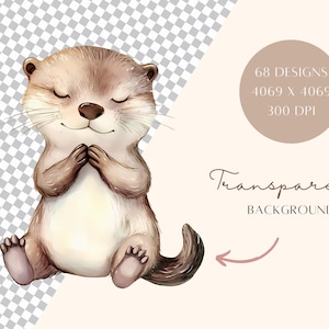 Puede incluir: Una ilustraci&oacute;n de acuarela de una nutria marr&oacute;n sentada con las patas juntas. La nutria tiene los ojos cerrados y una expresi&oacute;n serena. El fondo es transparente.