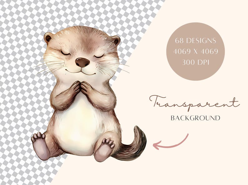 Puede incluir: Una ilustraci&oacute;n de acuarela de una nutria marr&oacute;n sentada con las patas juntas. La nutria tiene los ojos cerrados y una expresi&oacute;n serena. El fondo es transparente.