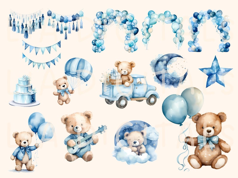 Watercolor Teddy Bear Clipart Bundle Baby Shower for a Boy Baby Blue ...
