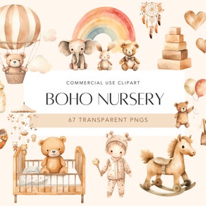 Aquarela Boho Berçário Bebê Clipart Pacote Bonito Berçário Bebê Recém-nascido PNG Bebê Brinquedos Roupas Neutro Tema de Chuveiro de Bebê Clipart Uso Comercial