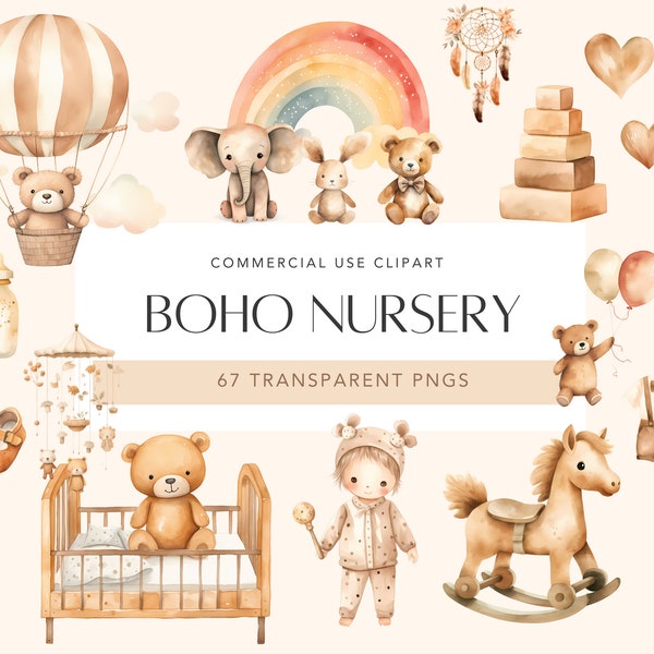 Watercolor Boho Nursery Baby Clipart Bundle Cute Nursery Newborn Baby PNG Baby Toys Clothes Neutral Baby Shower Theme Clipart Commercial Use