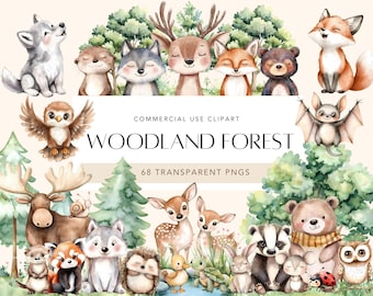 May include: Watercolor illustrations of woodland animals, including a fox, deer, owl, bear, raccoon, squirrel, and more. The illustrations are in a whimsical style and are perfect for use in crafts, scrapbooking, or digital design.  Commercial use clipart. 68 transparent PNGs.
