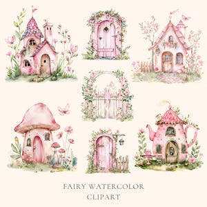 Puede incluir: Clipart de acuarela con casas de hadas, puertas y portales caprichosos. Las casas son rosas y blancas con detalles intrincados, y las puertas y portales est&aacute;n adornados con flores y enredaderas. El clipart es perfecto para agregar un toque de magia a cualquier proyecto.