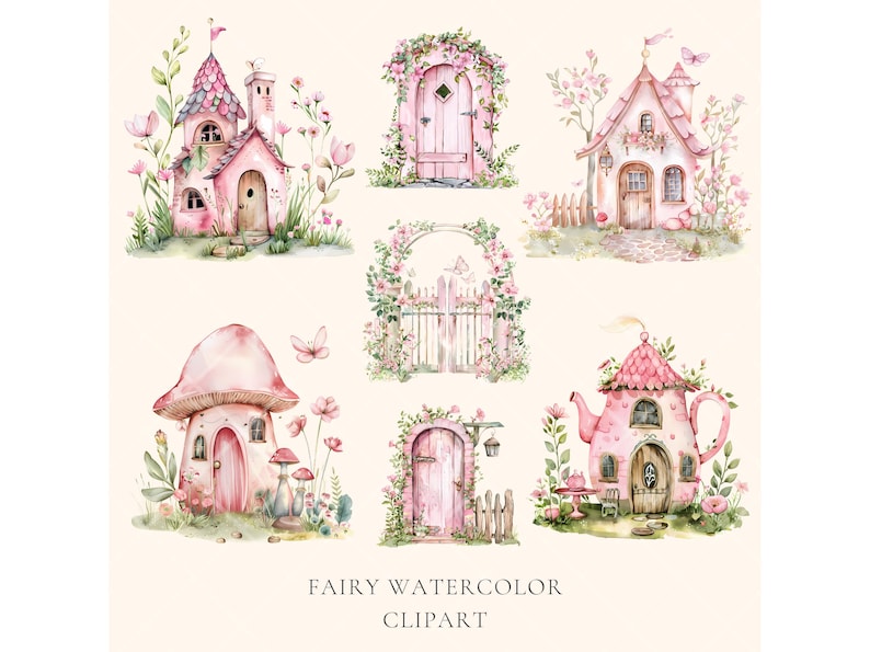 Puede incluir: Clipart de acuarela con casas de hadas, puertas y portales caprichosos. Las casas son rosas y blancas con detalles intrincados, y las puertas y portales est&aacute;n adornados con flores y enredaderas. El clipart es perfecto para agregar un toque de magia a cualquier proyecto.
